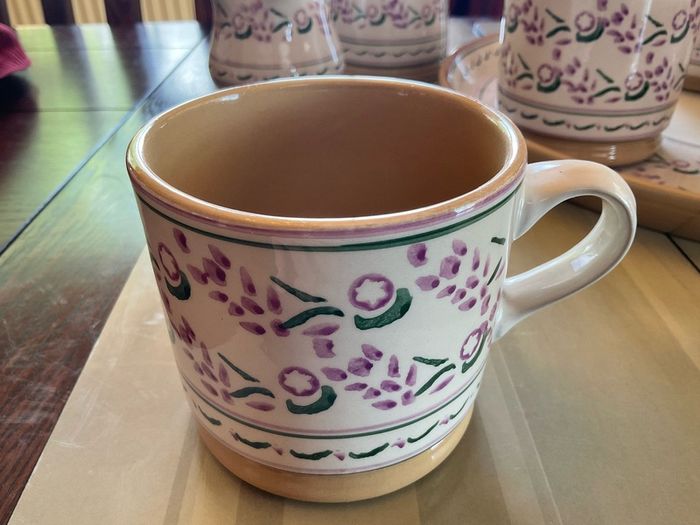 Nicholas Mosse Lavender starter set from Washington creek USA . Tea pot, two mugs , creamer and an oval platter . Pricing the set