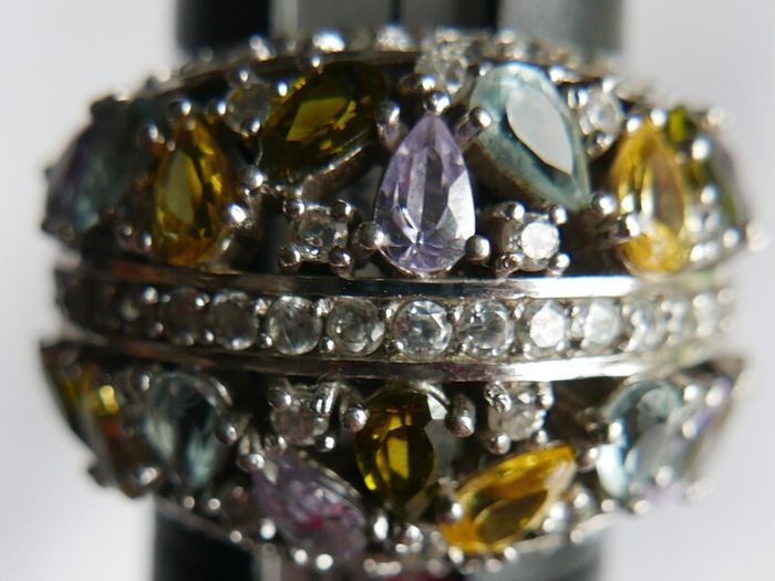 925 Silver Ring Pear Tourmaline Sapphire Natural Gemstone Jewelry Size P - 11,40g