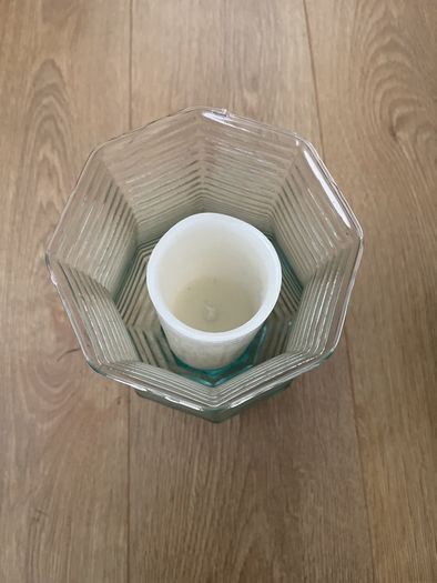 Large 8.5" tall flarred scalloped Aqua Glass Candle Holder or Vase with LED Candle