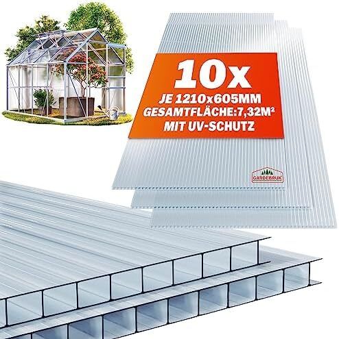 10 x Double Wall Sheets, 6 mm, Can Be Cut to Size, 121 x 60.5 cm, Polycarbonate UV-Resistant, Clear, Twin-Wall Panels, Greenhouse Panels, Multi-Wall Sheets