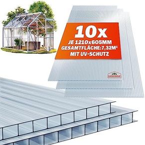 10 x Double Wall Sheets, 6 mm, Can Be Cut to Size, 121 x 60.5 cm, Polycarbonate UV-Resistant, Clear, Twin-Wall Panels, Greenhouse Panels, Multi-Wall Sheets