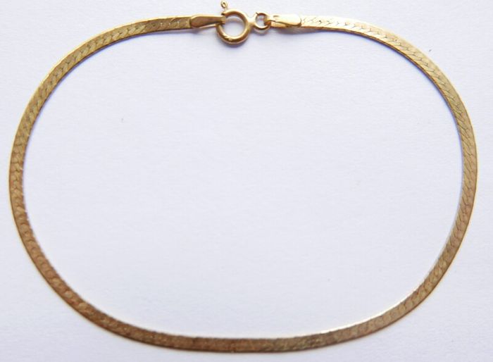 Vintage Solid 9K Yellow Gold 375 Herringbone Bracelet: Reversible Textured & Polished Finish, Flat Snake Chain Style length 7,1" - 1,1g
