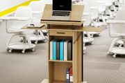 Rolling Podium Stand, Lectern with Folding Side Wings, Laptop Table with Drawer and Shelves, Oak Finish