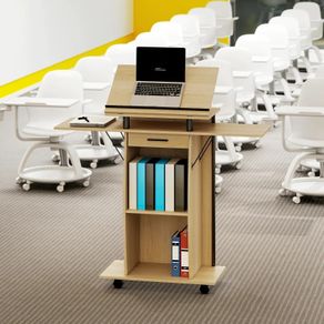 Rolling Podium Stand, Lectern with Folding Side Wings, Laptop Table with Drawer and Shelves, Oak Finish