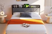 King Bed Frame with LED Lights &amp; USB Charging Station,150x200 cm Metal Platform Kingsize Bed Frame with 5ft Upholstered Headboard Storage,Heavy Duty Metal Slats, Dark Grey
