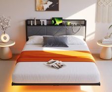 King Bed Frame with LED Lights & USB Charging Station,150x200 cm Metal Platform Kingsize Bed Frame with 5ft Upholstered Headboard Storage,Heavy Duty Metal Slats, Dark Grey