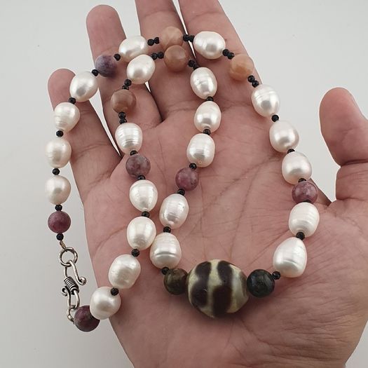 Himalayan Dzi Agate Pendant Necklace with Genuine Freshwater Pearls & Tourmaline