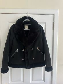 River Island Women's Black Suede Jacket with Faux Fur Lining - Size UK 12