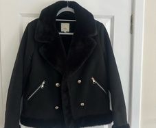 River Island Women's Black Suede Jacket with Faux Fur Lining - Size UK 12