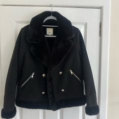 River Island Women's Black Suede Jacket with Faux Fur Lining - Size UK 12