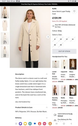 Danish brand Kaffe - Teddy Coat - Warm off white colour - Size DK 40 UK 12 - BNWT RRP 150