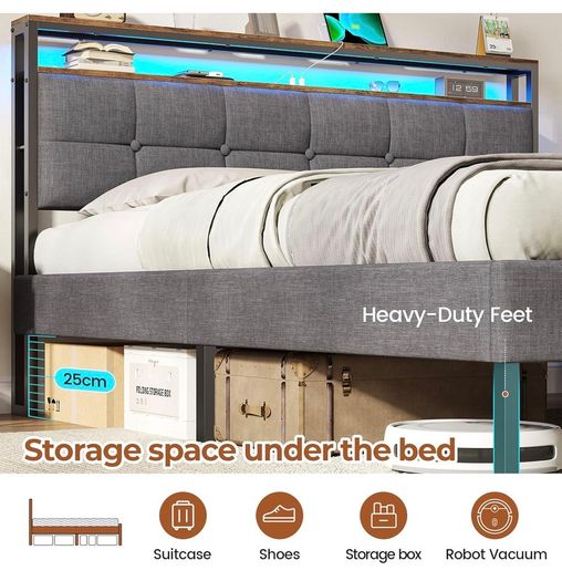 3ft Single Bed Frame 90x190 Upholstered Bed Frame With LED Lights & Charging Station Metal Bed Frame with Upholstered Storage Headboard/Under Bed Storage/Noise Free (Single-90x190cm)