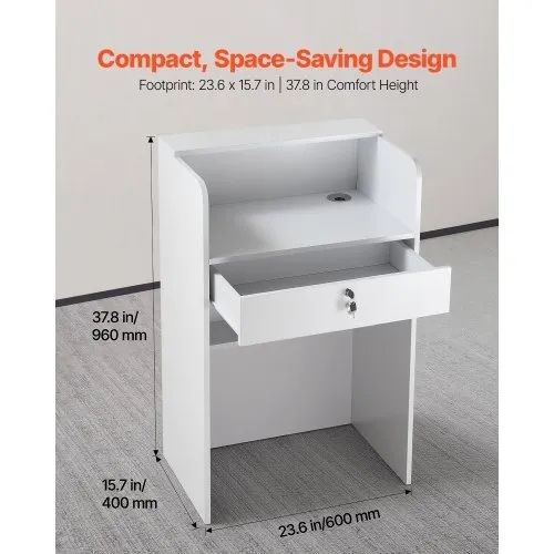 Reception Desk, 60 cm Rectangular Front Counter Table, Modern Office Reception Desk with Drawer, Small Minimalist Retail Counter Table