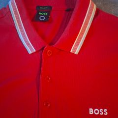 BOSS Hugo Boss Men's Paddy Polo Shirt Red Tipped Striped Collar Size XL