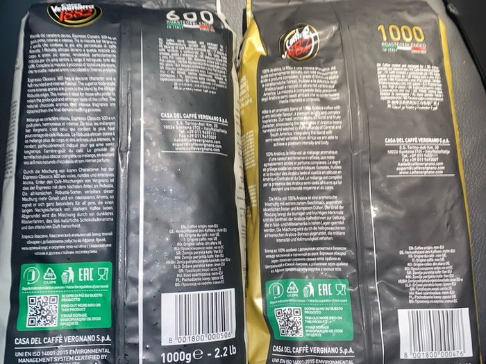 Cafe Vergnano espresso whole coffee beans 1000 g bags