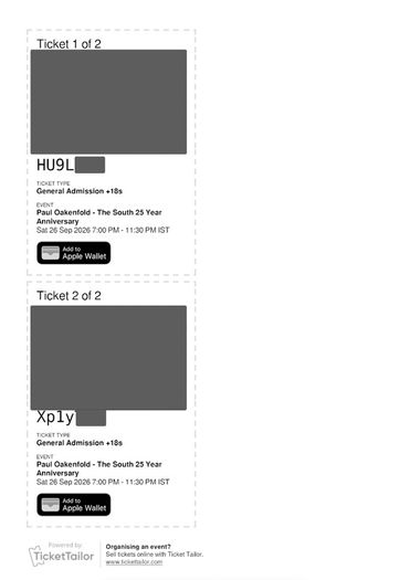 2 tickets to Paul Oakenfold, South 25 year anniversary