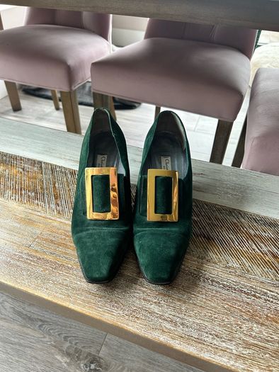 Vintage Christian Dior green heels with gold buckle
