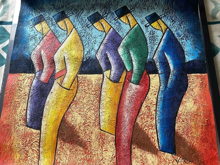 Textured Impasto Painting unframed Stylized Figures in Bowler Hats by V. Bon  size58x68cm