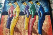 Textured Impasto Painting unframed Stylized Figures in Bowler Hats by V. Bon  size58x68cm