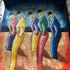 Textured Impasto Painting unframed Stylized Figures in Bowler Hats by V. Bon  size58x68cm