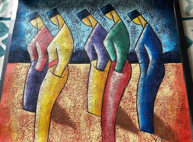 Textured Impasto Painting unframed Stylized Figures in Bowler Hats by V. Bon  size58x68cm