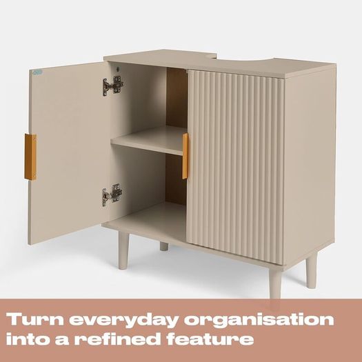 Under Sink Bathroom Cabinet, Free Standing Wooden Under Basin Unit Cupboard Storage Cabinet with 2 Doors & Shelf Bathroom Sink Cabinet with Feet, Taupe