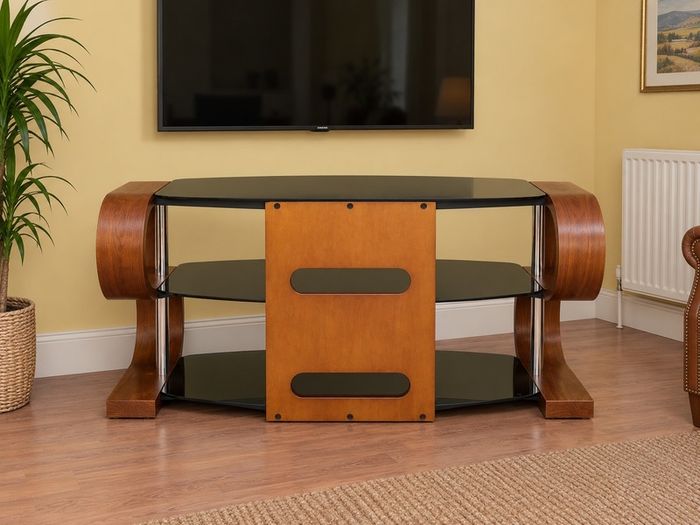 Modern Curved Wood & Black Glass TV Stand
