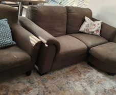 Sofa, foot stool and armchair