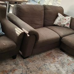 Sofa, foot stool and armchair