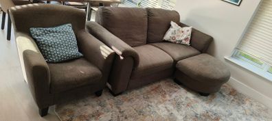 Sofa, foot stool and armchair