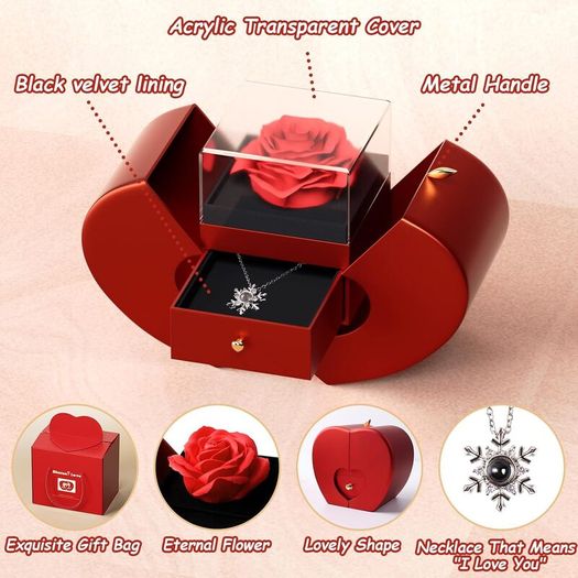 Gifts for Her, Handmade Preserved Eternal Rose Gift Box with Love You Necklace, Artificial Rose Flowers Romantic Gifts for Women on Birthday, Anniversary, Mothers Day
