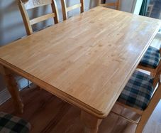Strong, solid wooden table and 6 chairs Size 182x100 cm, height 75 cm. Collection only in Carnew