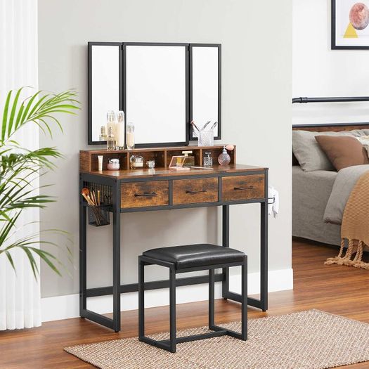 Dressing table with 3-piece folding mirror and stool  dressing table, dressing table with 3-piece folding mirror, hairdryer holder, cosmetic table with upholstered stool, 3 drawers, industrial design, vintage brown-black