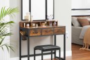 Dressing table with 3-piece folding mirror and stool  dressing table, dressing table with 3-piece folding mirror, hairdryer holder, cosmetic table with upholstered stool, 3 drawers, industrial design, vintage brown-black