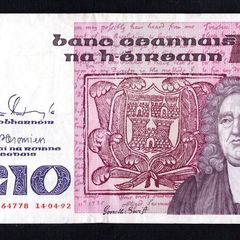 1992 Ireland IR10 Jonathan Swift. Banknote Series B. Note issued 14/04/92. Serial number BHB864778