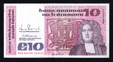 1992 Ireland IR10 Jonathan Swift. Banknote Series B. Note issued 14/04/92. Serial number BHB864778