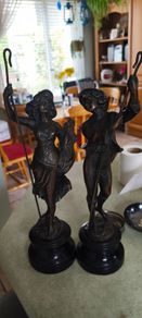 Very Rare Antique Mestais French Sculptures Cast Spelter Wood Base 12 inches tall .