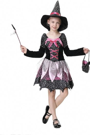 Dazzling Kids Witch Dress with Hat, Wand, and Candy Bag for 7-9 and 5-6 Years old