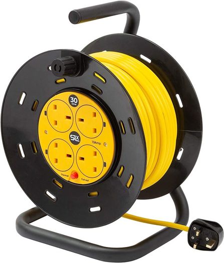 Extension Lead 30m Heavy Duty Cable Reel, 4 Socket Cord Reel UK Plug Socket with Thermal Cut-Out Protection 13A Fused Plug