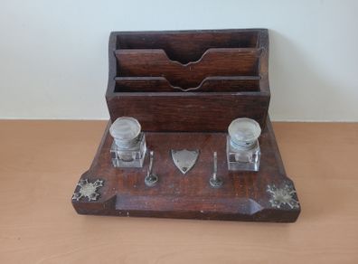 Beautiful wooden inkwell with engraved harp
