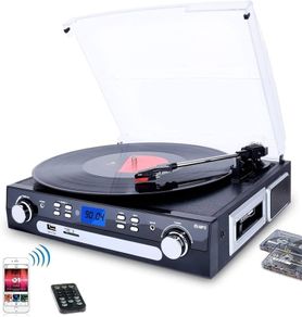 Vinyl Record Player, Bluetooth Turntable with Stereo Speakers, Turntable for Vinyl to MP3 with Cassette Play, AM/FM Radio, Remote Control, USB/SD Encoding