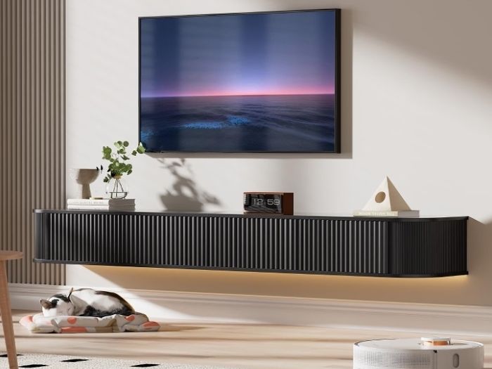 Floating TV Stand Unit with RGB LED Light - 180CM Wall Mounted TV Cabinet with Upgraded Storage & Rounded Edges, Modern TV Media Console for 65-75 Inch TVs