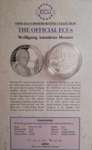1996 Austria Wolfgang Amadeus Mozart Silver proof 25ecu coin. Official commemorative collection