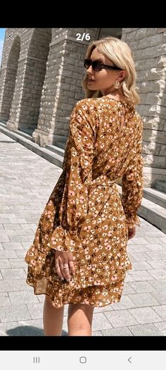brown floral ruffle dress