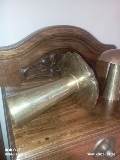Arts & Crafts Brass & Copper Large Mushroom Shaped Salt & Pepper Shakers (Donegal, Makers Stamp)