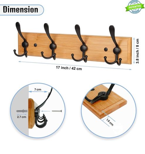 Coat Hooks for Wall - Bamboo Wooden Coat Racks (2 Pack) - Heavy Duty Coat Hooks Wall Mounted - Wall Hanger Wall Hooks and Clothes Hooks (FREE POSTAGE)