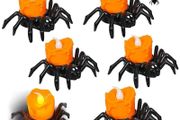 Spider Tea Lights Set of 6 Flameless LED Candles for Spooky Halloween Decor with Spider Candle Holder, Orange Flickering Tea Lights