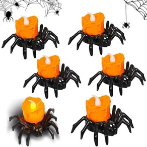 Spider Tea Lights Set of 6 Flameless LED Candles for Spooky Halloween Decor with Spider Candle Holder, Orange Flickering Tea Lights