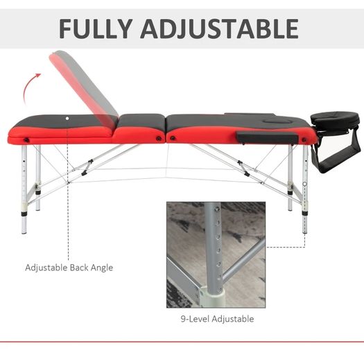 Foldable Portable Massage Table, Professional Spa Bed with Headrest, Adjustable Height, Aluminium Frame, Black and Red