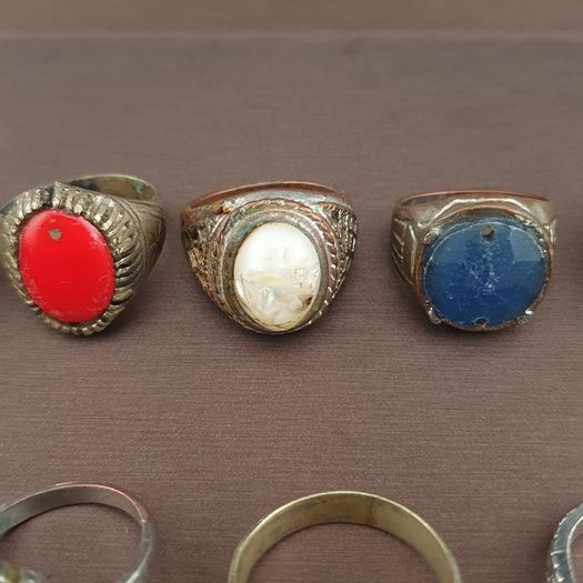15 Antique Style Brass Rings Mixed Glass & Stone Ring Collection